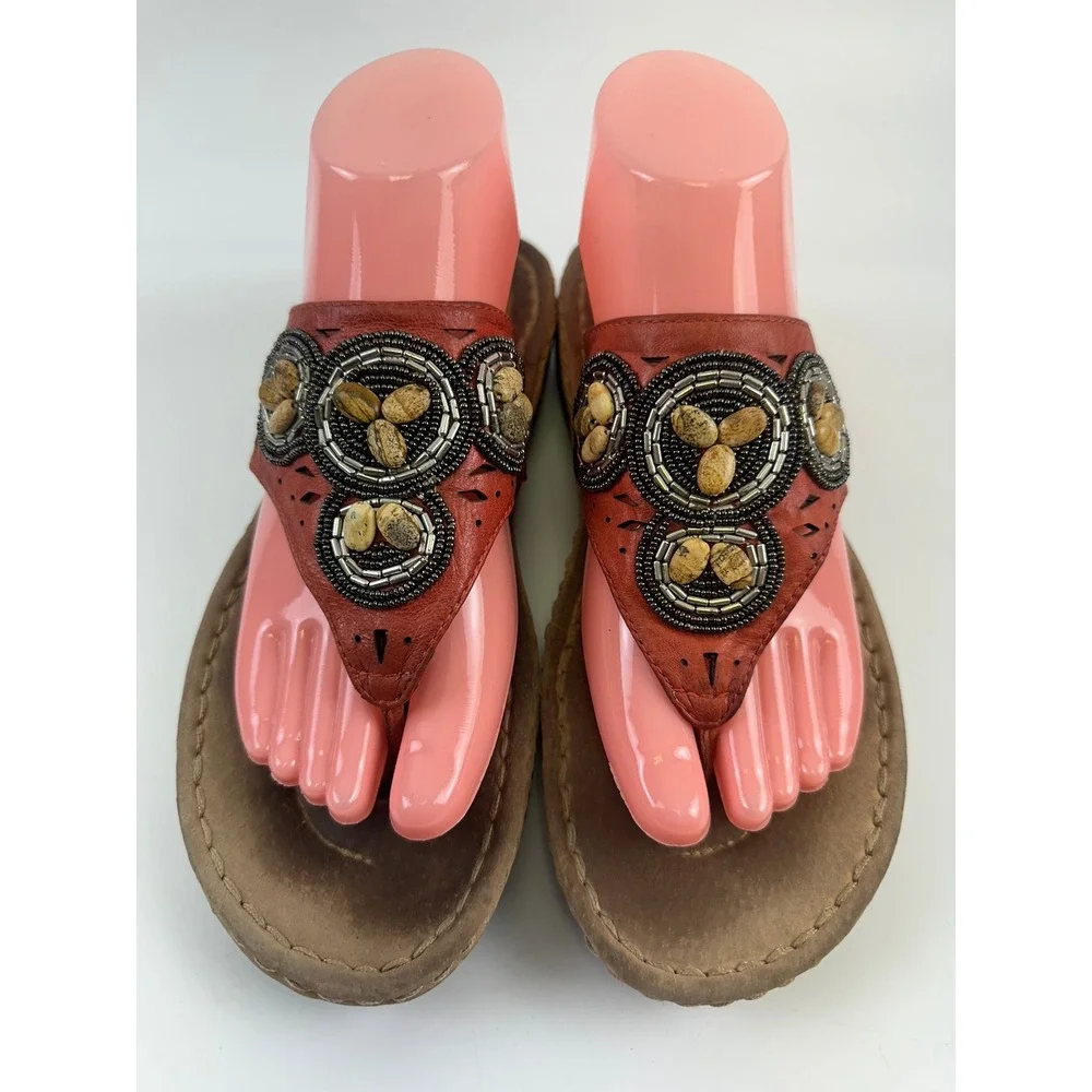 Clarks Artisan Sandals Red Leather Beaded Boho Thong Wedge Women 9M